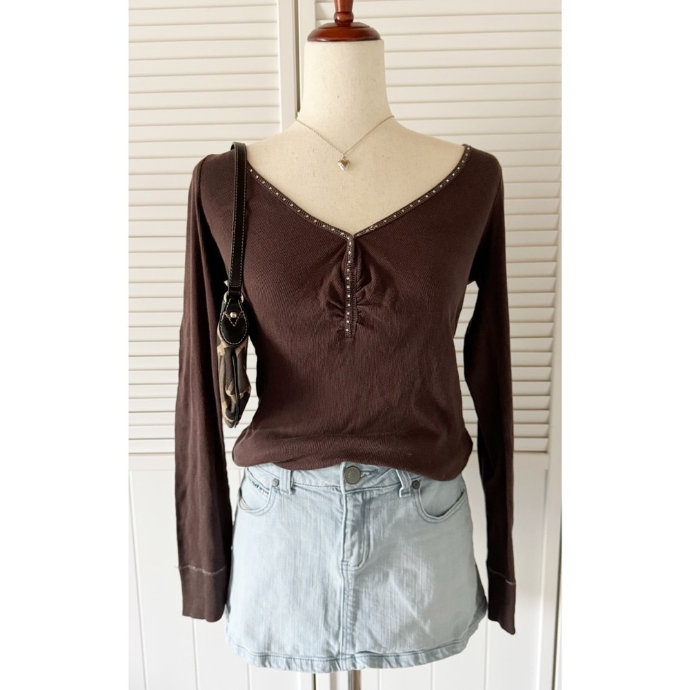 Express Brown Rhinestone Hemline Ribbed Long Sleeve Shirt